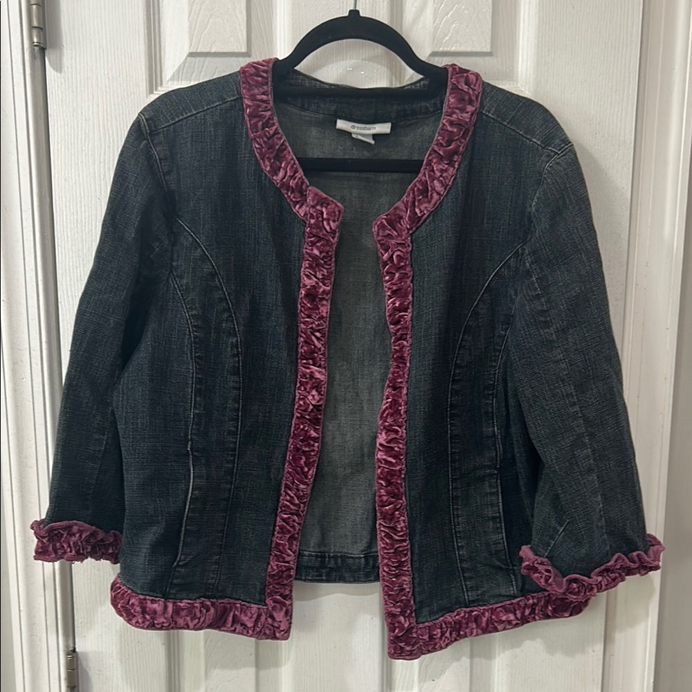 Women's dark jean Jacket with velvet trim